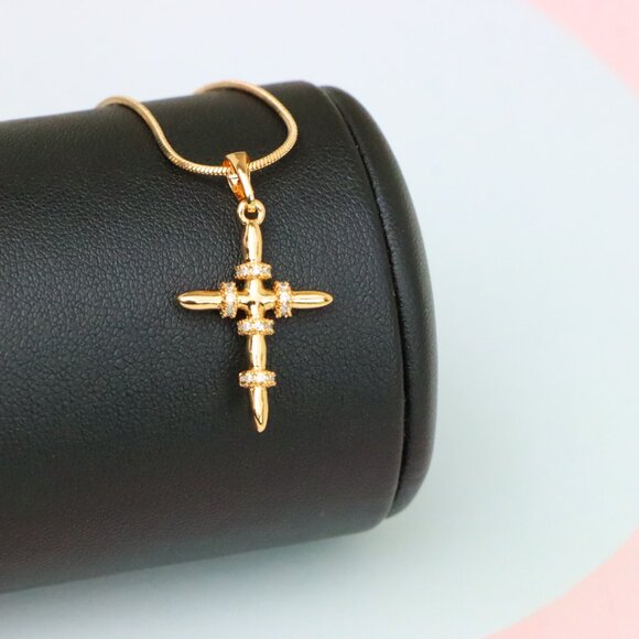 "Rose Gold Cross Pendant with CZ Ring Accents in Modern Sleek Style, XPPT1819 - Picture 13 of 13